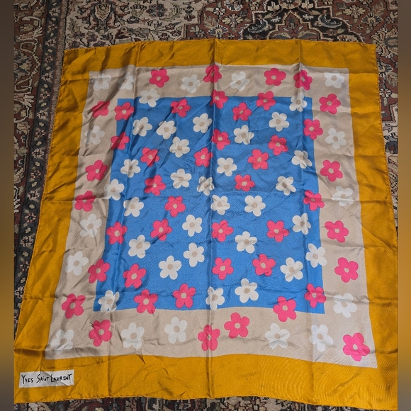 Yves Saint Laurent Blue and Gold Floral Scarf 34x34 - Picture 1 of 2